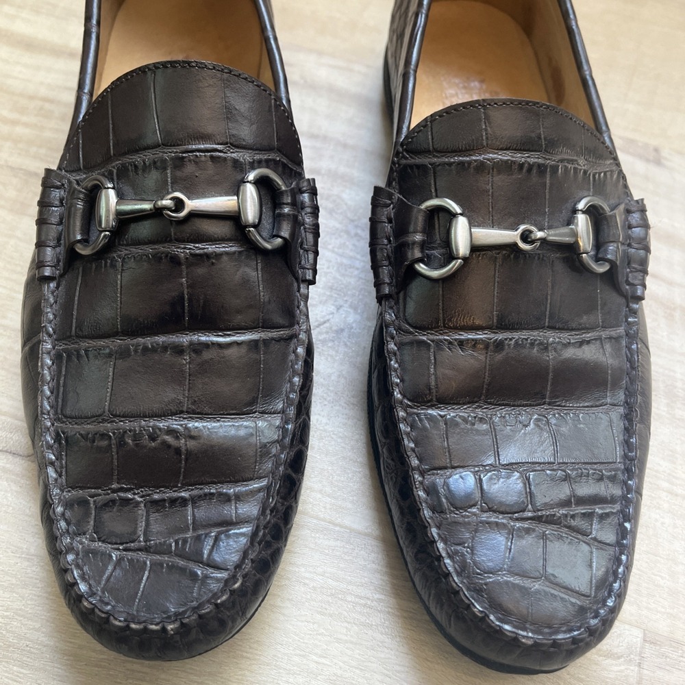 Peter Millar Dark Brown Crocodile Embossed Leather Loafer Men 9M Dress Shoes - Picture 2 of 16